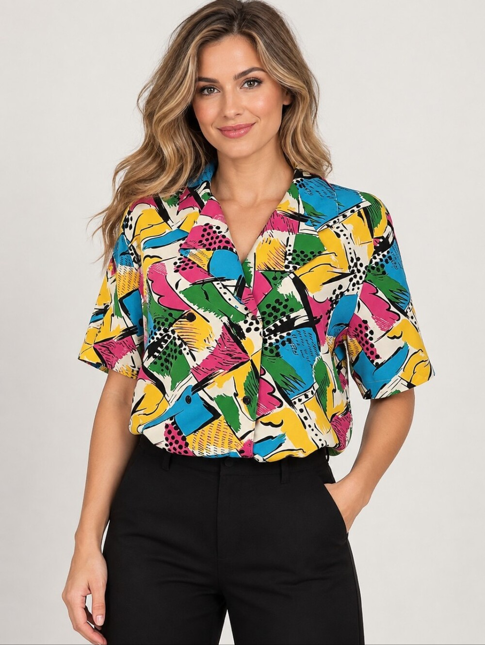 VTG JORDAN 1980s Colorful Graffiti Blouson Blouse - Picture 1 of 8